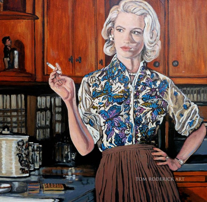 Painting of Betty Draper smoking a cigarette by Boulder artist Tom Roderick