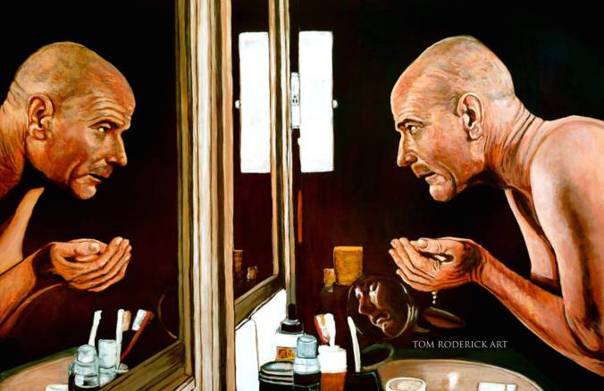 Portrait of Walter White looking at his reflection in the mirror