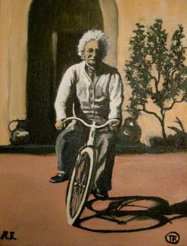 Portrait of Albert Enstein riding a bike by Boulder portrait artist Tom Roderick.