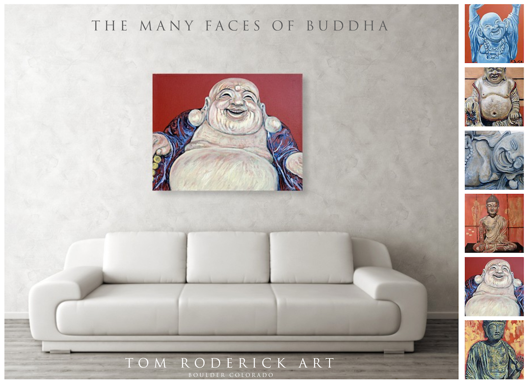 The many faces of buddha wall art by boulder artist Tom Roderick.