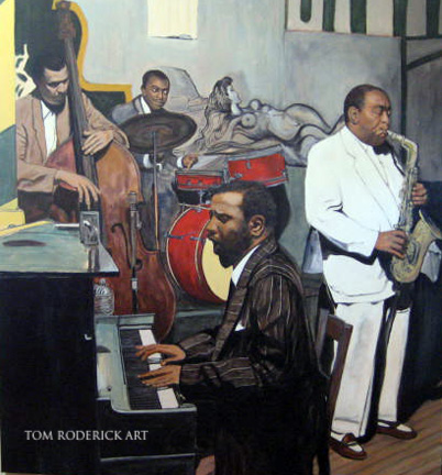 Portrait of Monk, Parker, Mingus, and Hayes jamming by Boulder portrait artist Tom Roderick.