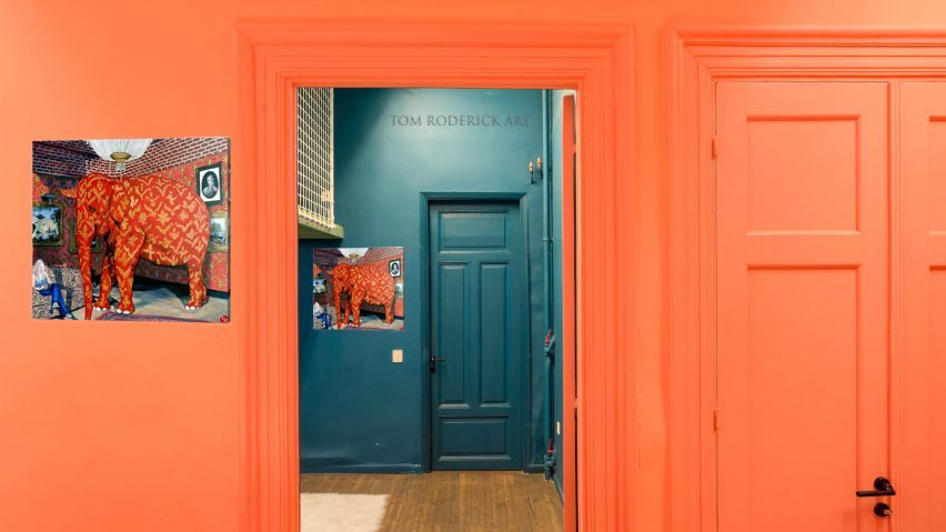 Elephant artwork displayed on two wall by Boulder artist Tom Roderick.