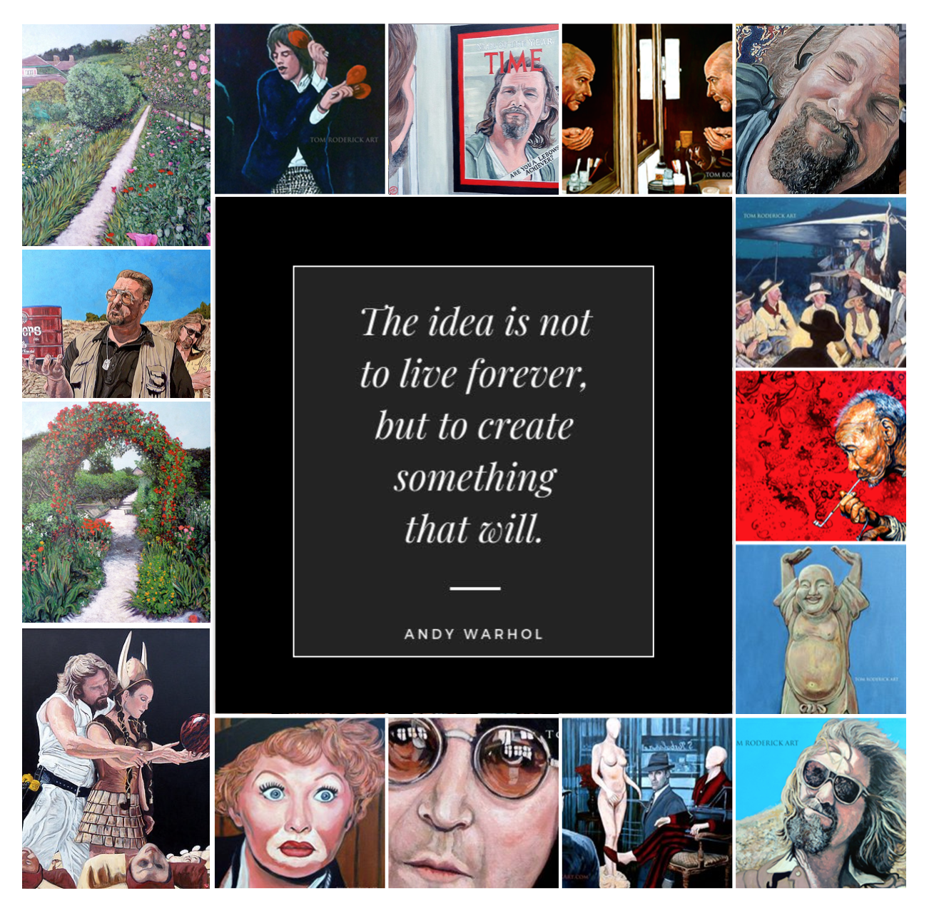 Andy Warhol quote with art by Boulder portrait artist Tom Roderick.