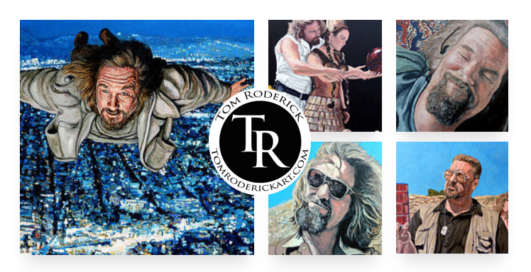 Tribute is a collection of portraits of The Dude, Walter, and Donny by Boulder portrait artist Tom Roderick.