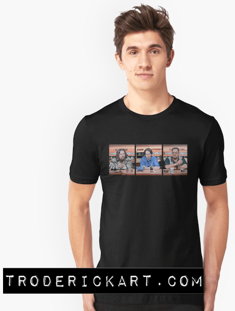 The dude, donny, and walter sitting at the bar tshirt by Boulder portrait artist Tom Roderick