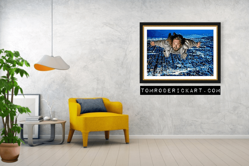 Come fly with me portrait of The Dude flying over the city by Boulder artist Tom Roderick.