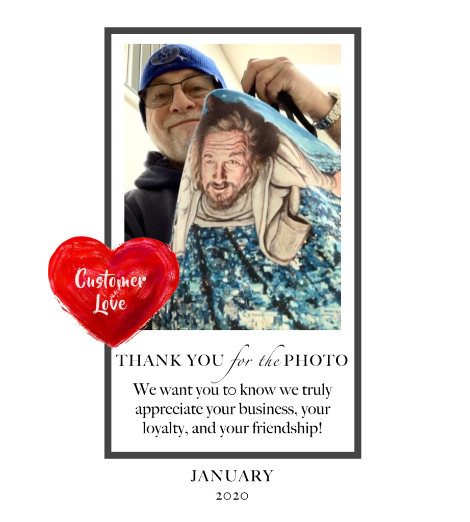 Come fly with me bag by Tom Roderick art shown with happy customer. 