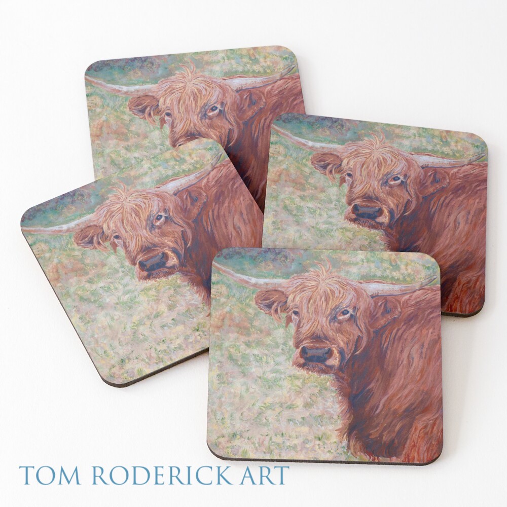 Coasters of Wink the Highland Cow by Boulder artist Tom Roderick.