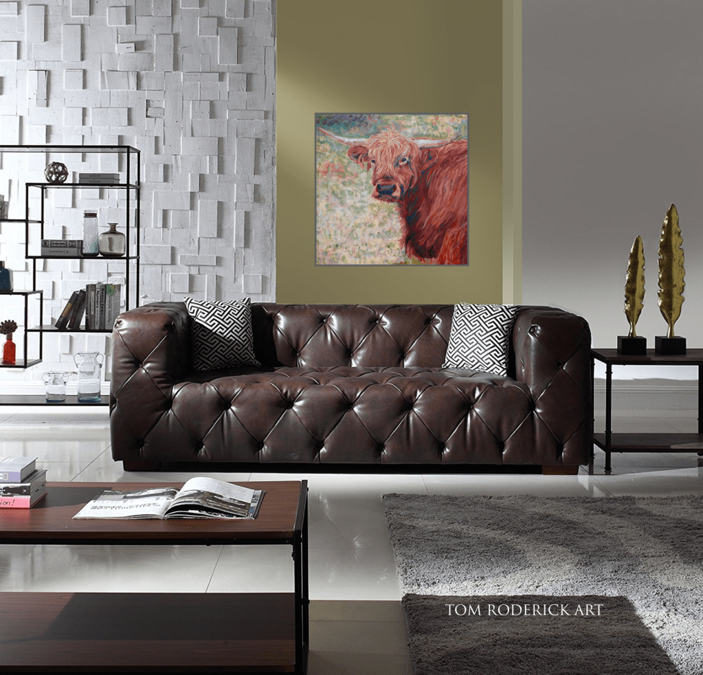 Portrait of highland cow named Wink by Boulder artist Tom Roderick.