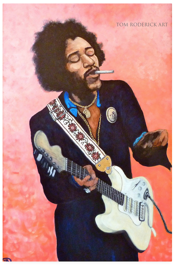 You got me floating painting of Jimi by Boulder portrait artist Tom Roderick.