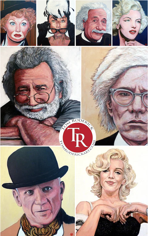 A collection of celebrity portraits by Boulder portrait artist Tom Roderick.