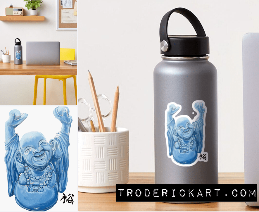 Abundance buddha sticker by Boulder artist Tom Roderick.