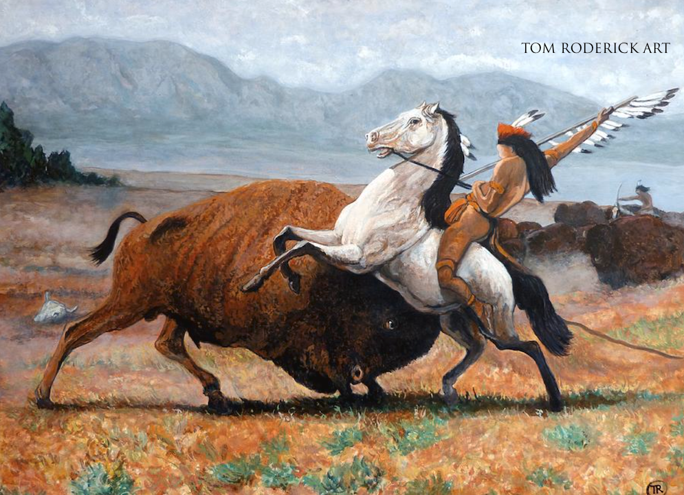 An artist interpretation of Last of the Buffalo Hunt by Albert Bierstadt by Boulder artist Tom Roderick.