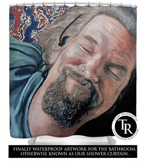 Shower curtain of The Dude by Boulder portrait artist Tom Roderick